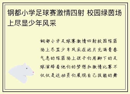 钢都小学足球赛激情四射 校园绿茵场上尽显少年风采