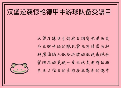 汉堡逆袭惊艳德甲中游球队备受瞩目