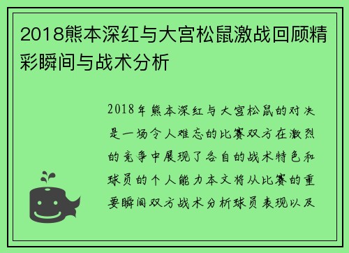 2018熊本深红与大宫松鼠激战回顾精彩瞬间与战术分析