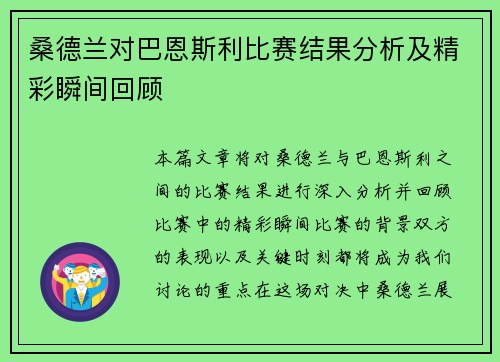 桑德兰对巴恩斯利比赛结果分析及精彩瞬间回顾