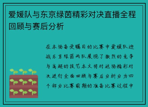 爱媛队与东京绿茵精彩对决直播全程回顾与赛后分析