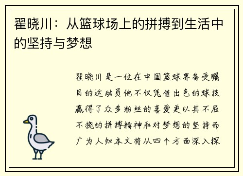 翟晓川：从篮球场上的拼搏到生活中的坚持与梦想