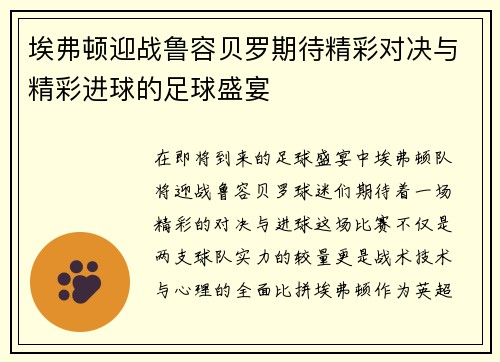 埃弗顿迎战鲁容贝罗期待精彩对决与精彩进球的足球盛宴