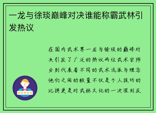 一龙与徐琰巅峰对决谁能称霸武林引发热议