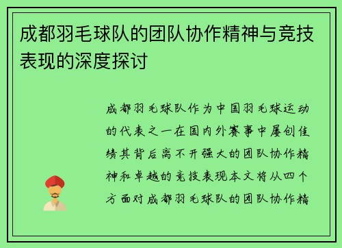成都羽毛球队的团队协作精神与竞技表现的深度探讨
