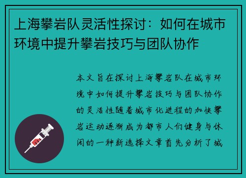 上海攀岩队灵活性探讨：如何在城市环境中提升攀岩技巧与团队协作